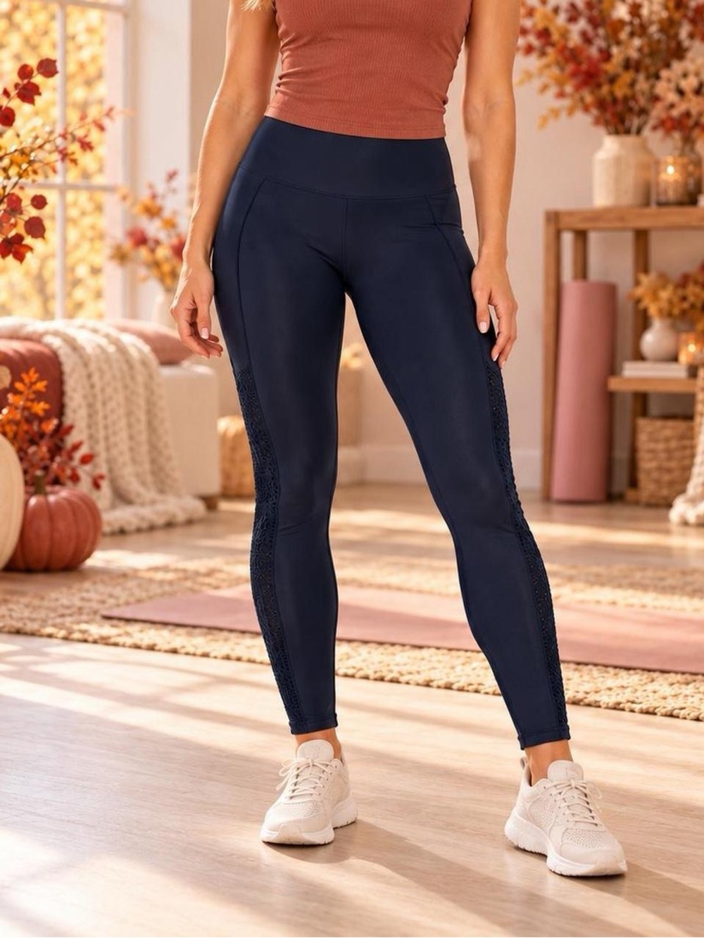 Navy High-Waisted Leggings with Textured Side Panels Size XSmall